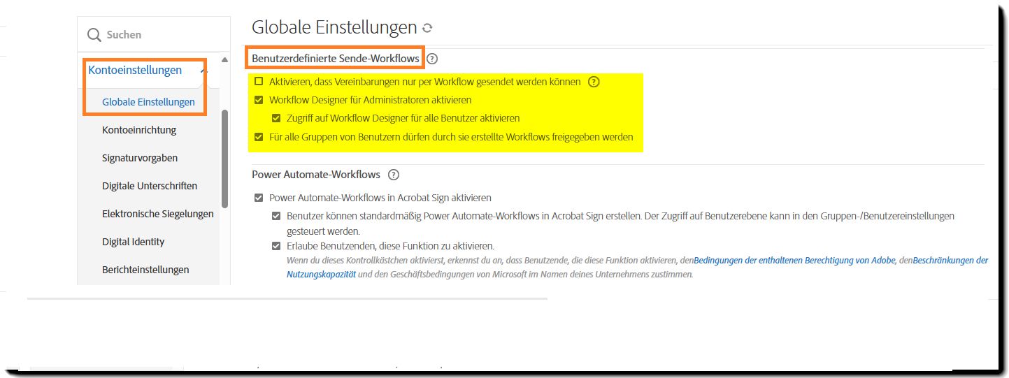 Seite „Sendeeinstellungen“ mit hervorgehobenen Steuerelementen für selbstdefinierte Workflows