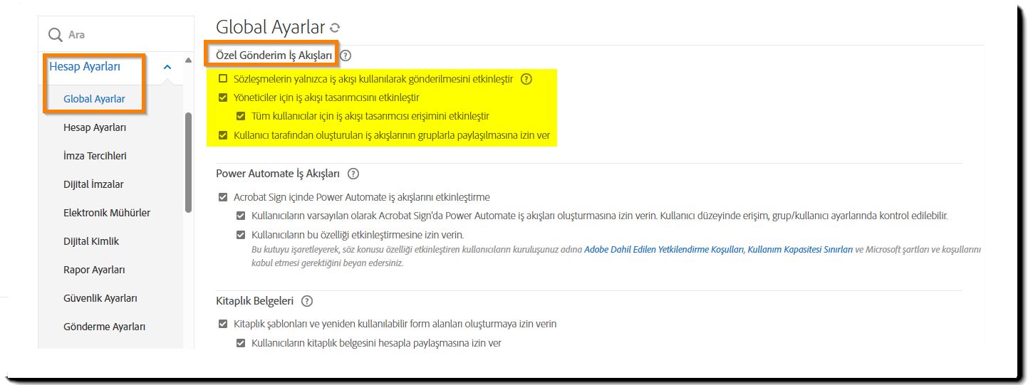Özel İş Akışı Kontrollerinin vurgulandığı Gönderme Ayarları sayfası