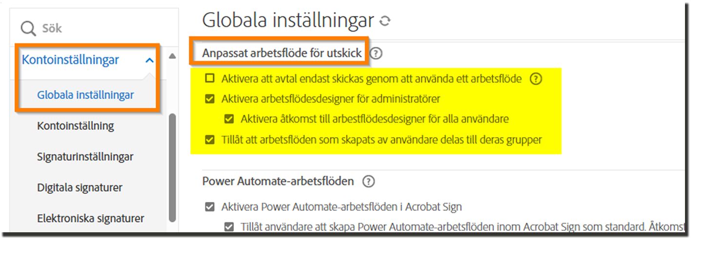 Sidan Skicka-inställningar med Kontrollerna för anpassat arbetsflöde markerade