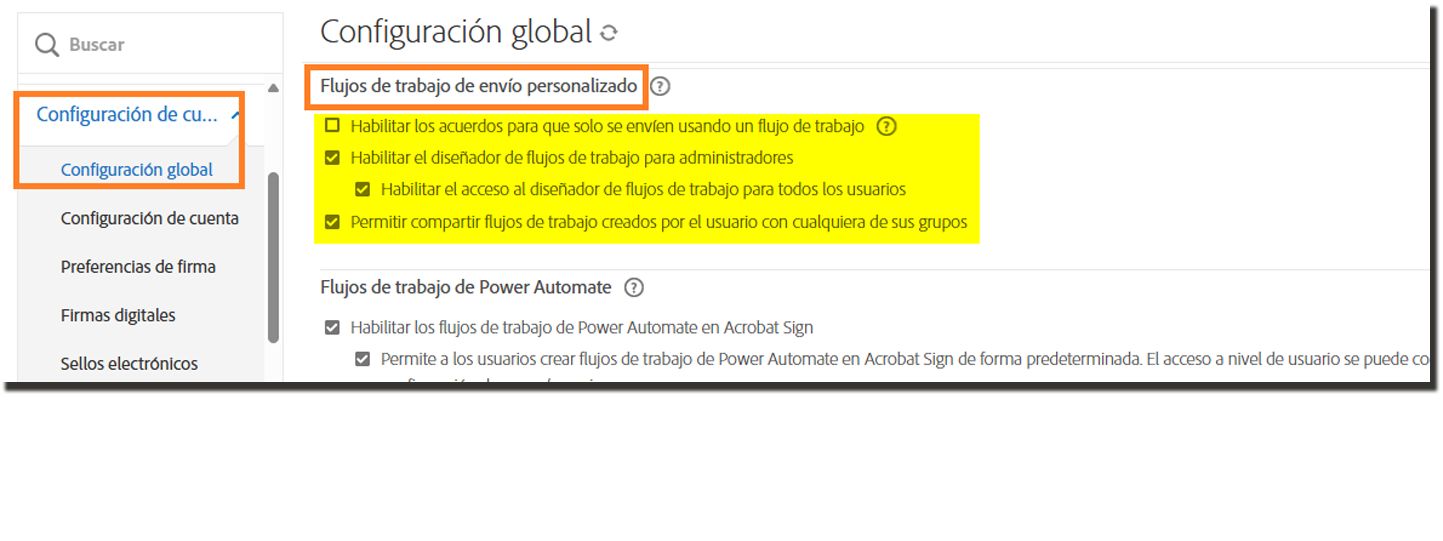 La página Configuración de envío con los controles de flujo de trabajo personalizado resaltados