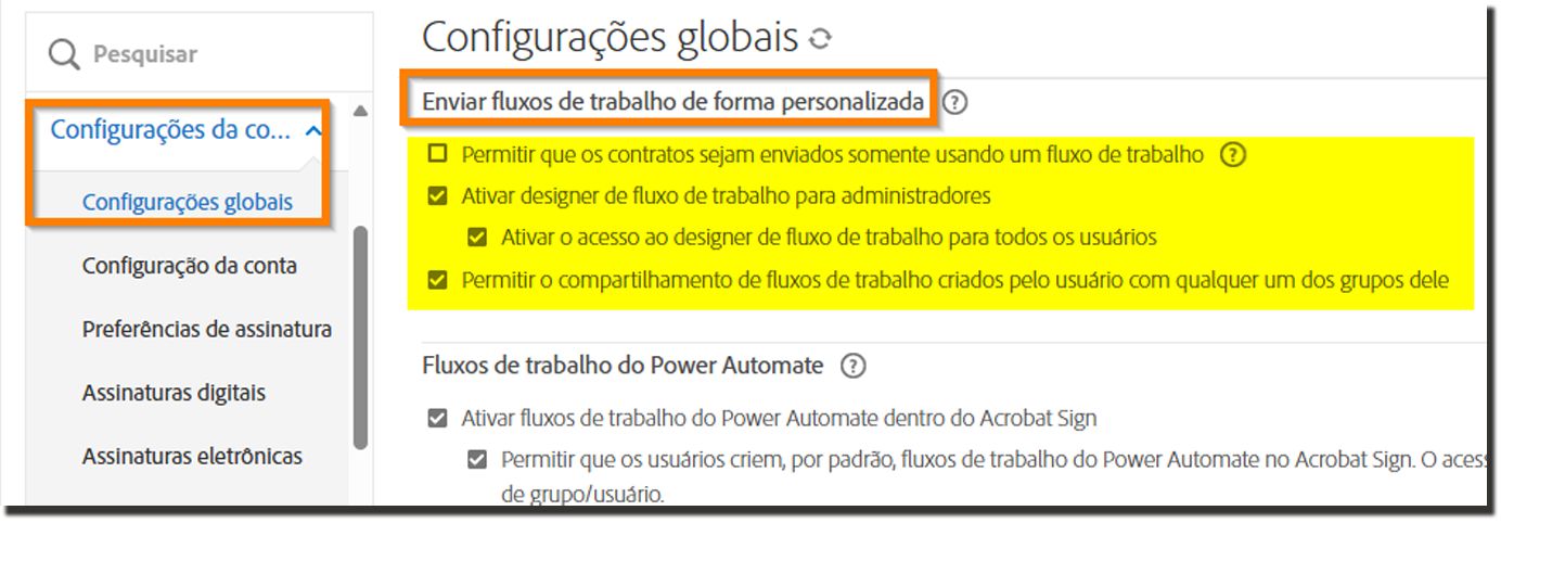 A página “Configurações de envio”, com os “Controles de fluxos de trabalho personalizados” realçados