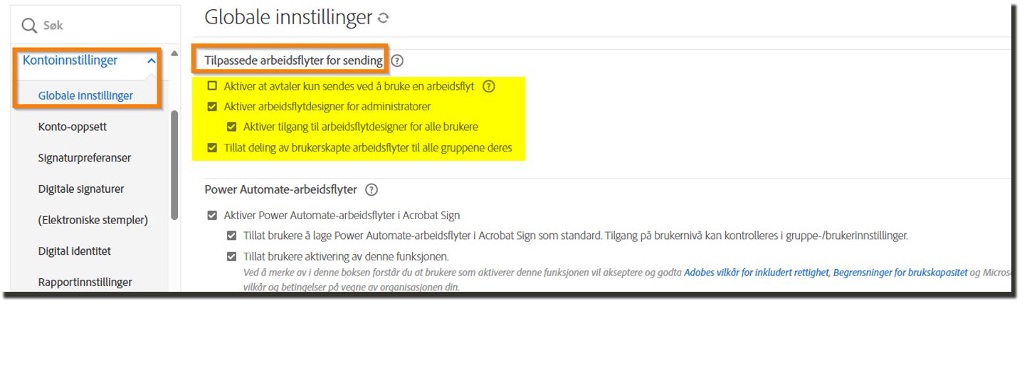 Sendingsinnstillinger-siden med tilpassede arbeidsflytkontroller uthevet