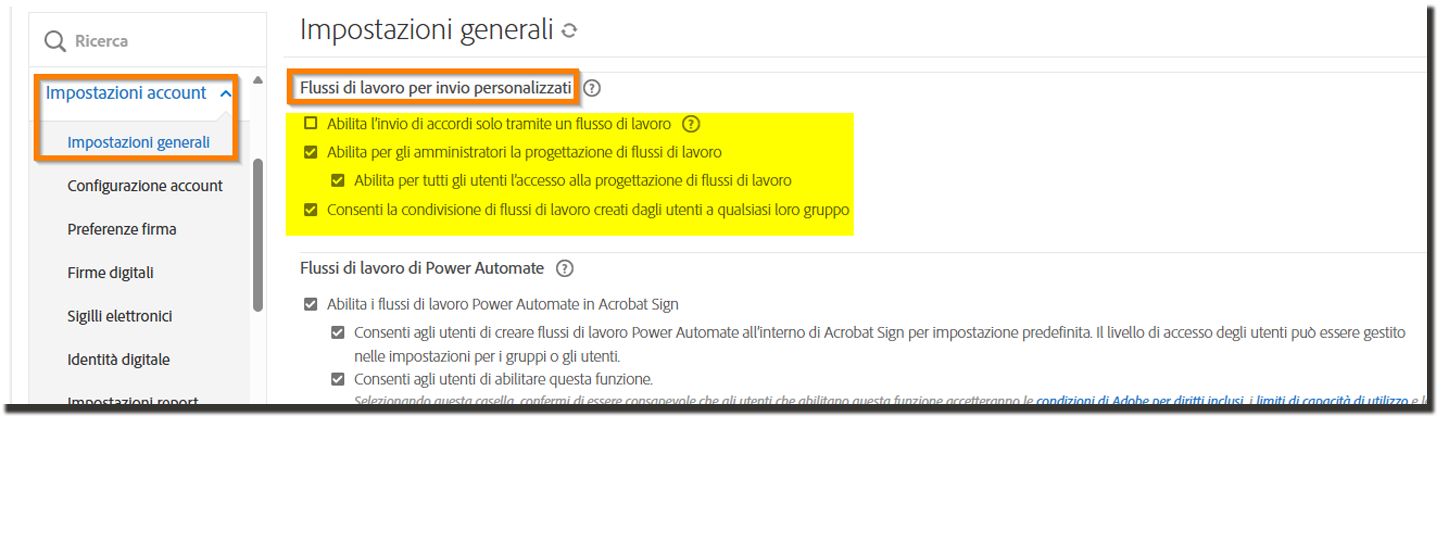 Pagina Impostazioni di invio con i Controlli per il flusso di lavoro personalizzati evidenziati