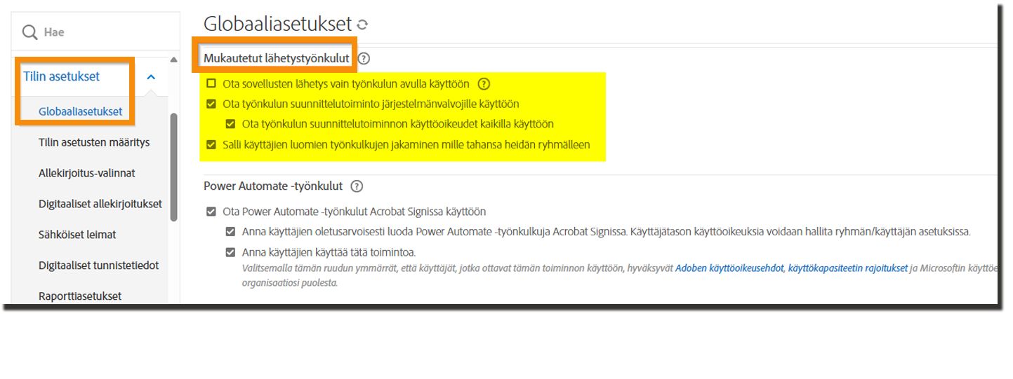 Lähetysasetukset-sivu, jolla on korostettuna Mukautetun työnkulun ohjausobjektit