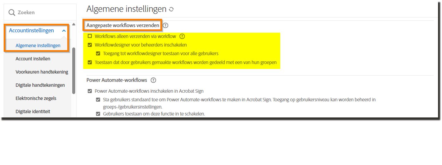 De pagina Verzendinstellingen met de besturingselementen voor aangepaste workflow gemarkeerd