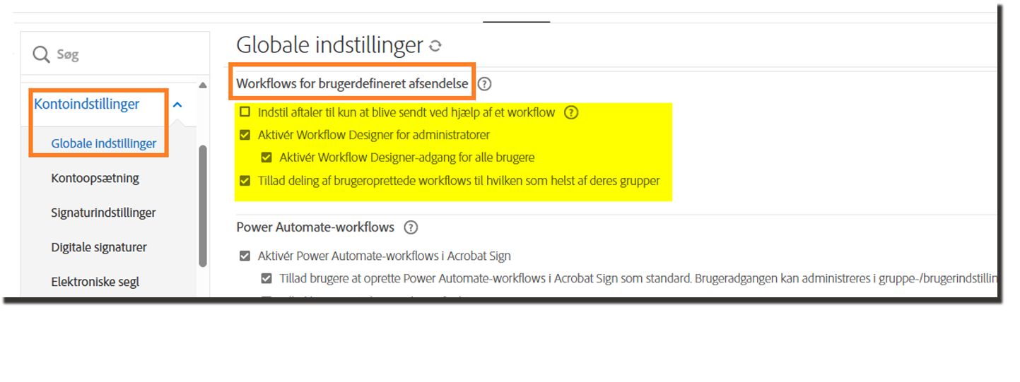 Siden Afsendelsesindstillinger med kontrolelementerne for Brugerdefineret arbejdsforløb fremhævet