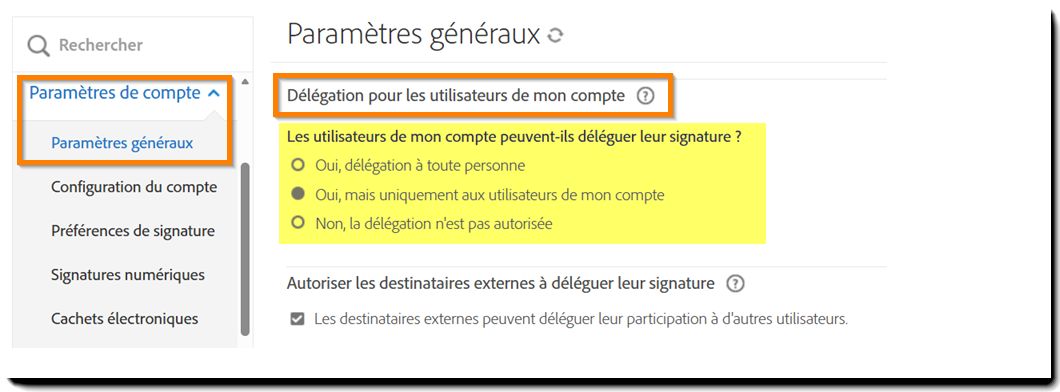 Le menu « Paramètres globaux » avec les options « Déléguer pour les utilisateurs de mon compte » mises en évidence.