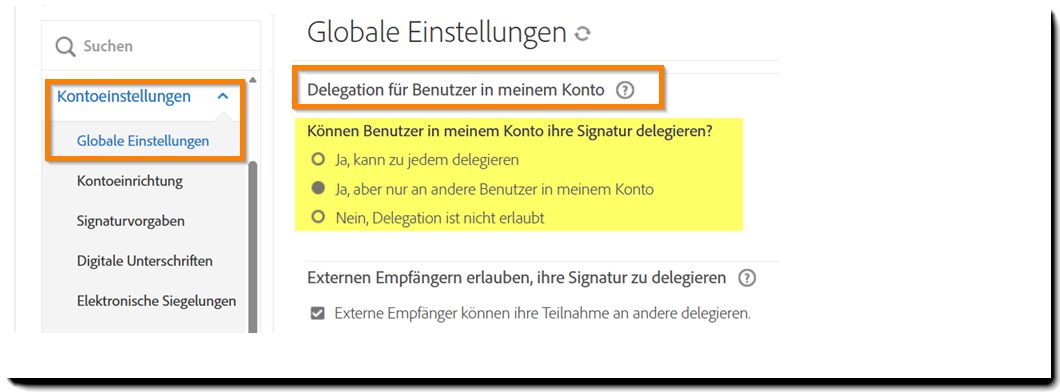Das Menü „Globale Einstellungen" mit den hervorgehobenen Steuerelementen „Delegierung für Benutzer in meinem Konto".