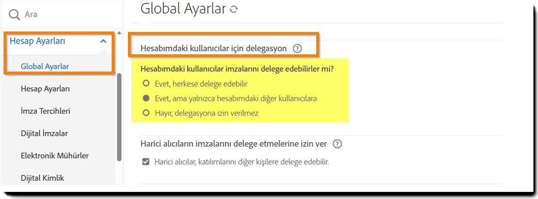 "Hesabımdaki kullanıcılar için yetki devri" kontrollerinin vurgulandığı "Genel Ayarlar" menüsü.