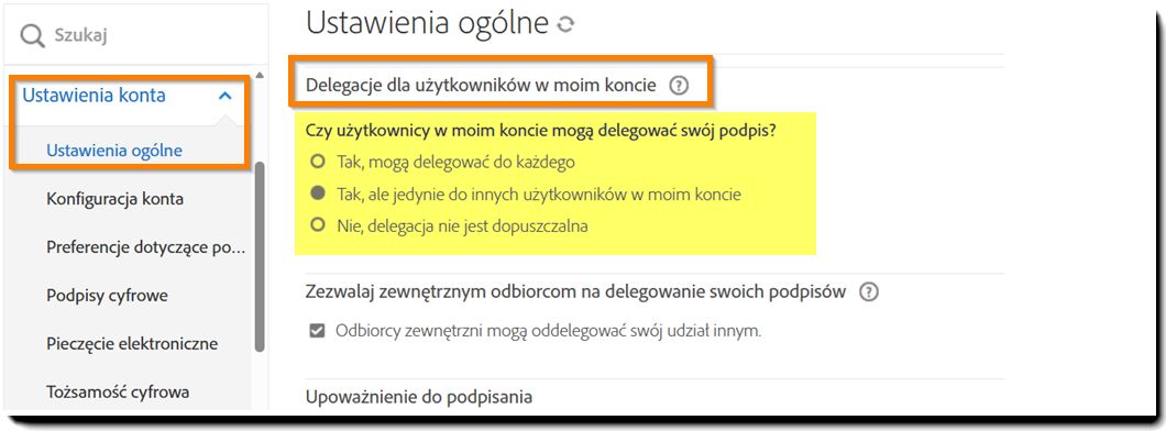 Menu „Ustawienia globalne" z podświetlonymi kontrolami „Deleguj dla użytkowników w moim koncie".