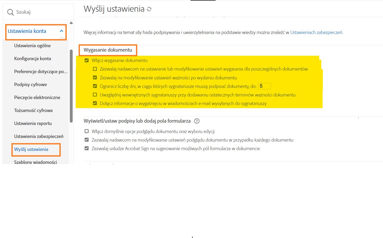 Elementy sterujące wygaśnięcia dokumentu w menu Ustawienia wysyłania.