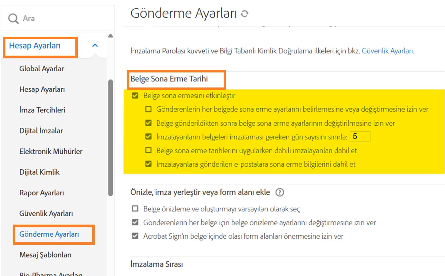 Gönderme Ayarları menüsündeki Belge Sona Erme Tarihi kontrolleri.