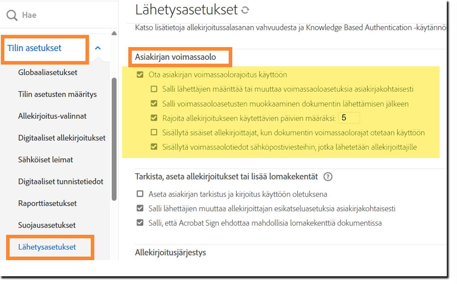 Lähetysasetukset-valikossa olevat asiakirjan vanhentumissäätimet.