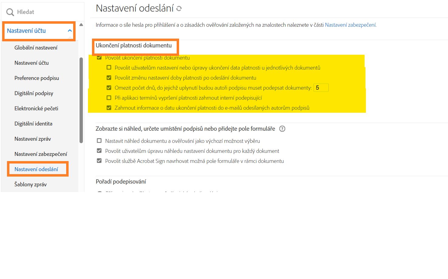 Ovládací prvky Ukončení platnosti dokumentu v nabídce Nastavení odeslání.