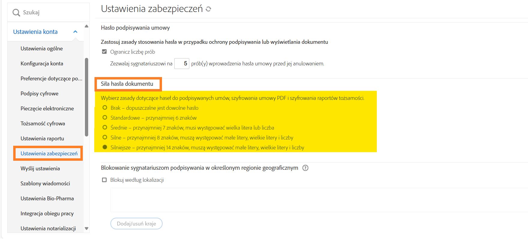Menu administratora ustawień zabezpieczeń z podświetlonymi ustawieniami „Siła hasła dokumentu”.