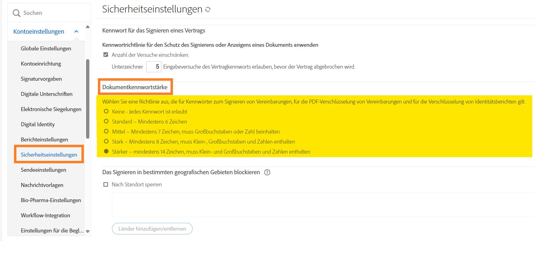 Das Admin-Menü „Sicherheitseinstellungen“, in dem die Optionen für die Dokumentkennwortstärke hervorgehoben sind.