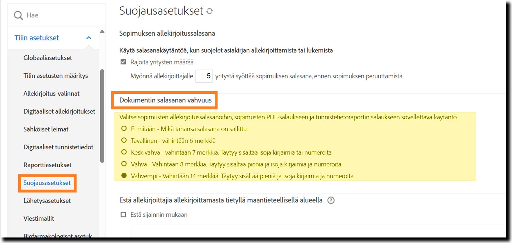 Suojausasetukset-järjestelmänvalvojan valikko, jossa korostettuna dokumentin salasanan vahvuussäätimet.