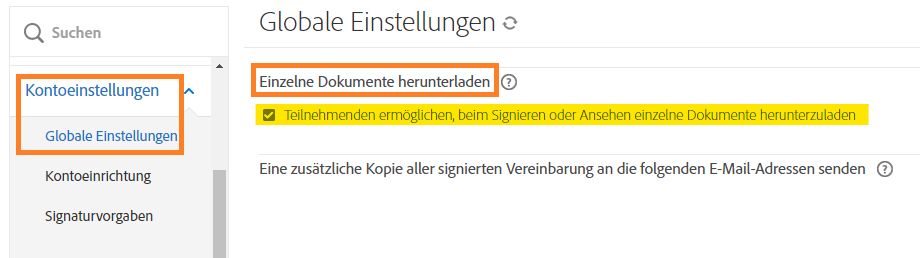 Die Seite „Globale Einstellungen“ mit hervorgehobener Funktion „Einzelne Dokumente herunterladen“