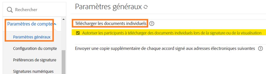 Page Paramètres généraux avec la fonctionnalité « Télécharger les documents individuels » mise en surbrillance.