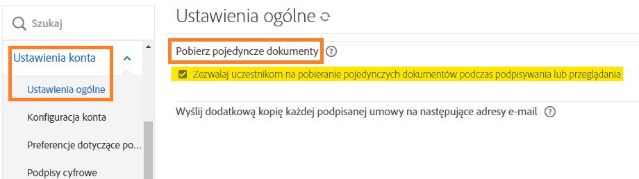 Strona Ustawienia globalne z podświetleniem funkcji „Pobierz pojedyncze dokumenty”.