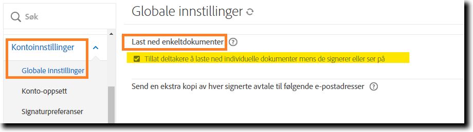 Siden Globale innstillinger uthever funksjonen Last ned enkeltdokumenter.