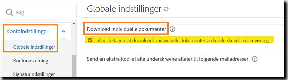 Siden Generelle indstillinger med funktionen &quot;Download individuelle dokumenter&quot; fremhævet.