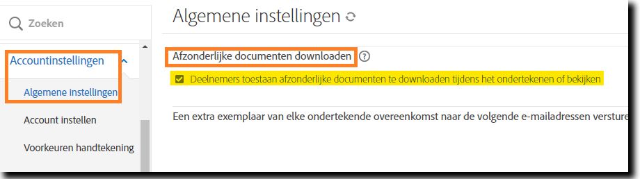 De pagina Algemene instellingen met de functie &quot;Afzonderlijke documenten downloaden&quot; gemarkeerd.