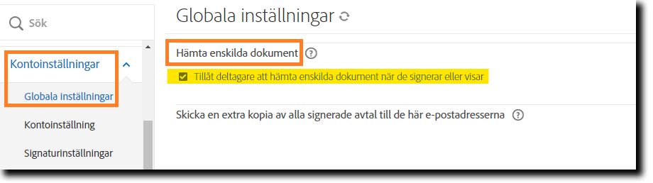 På sidan Globala inställningar markeras funktionen ”Ladda ner enskilda dokument”.