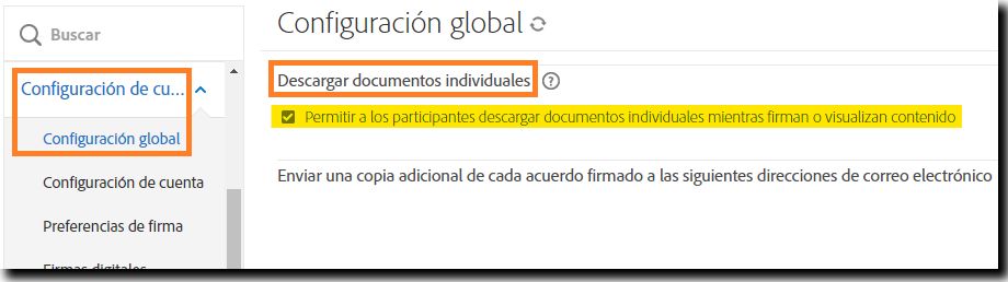 En la página de Configuración global se destaca la función “Descargar documentos individuales”.