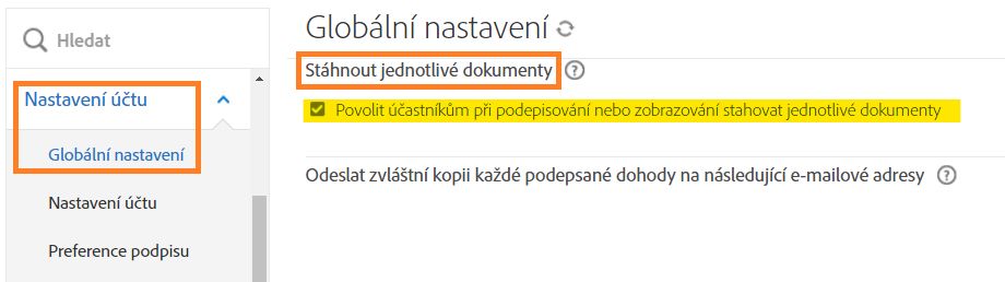 Stránka Globální nastavení zvýrazňující funkci „Stáhnout jednotlivé dokumenty“.