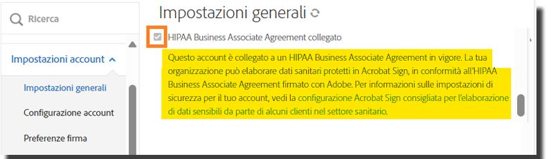 Menu di amministrazione Impostazioni globali che evidenzia le impostazioni “Cliente nel settore sanitario” abilitate