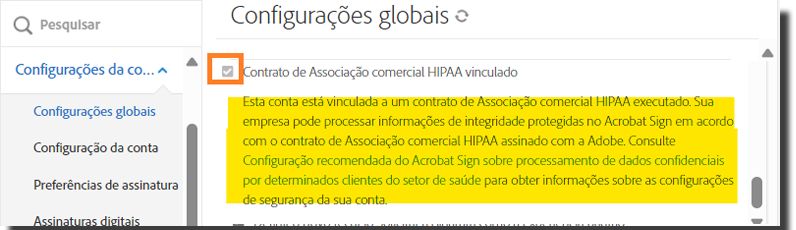 Menu do administrador de Configurações globais realçando as configurações habilitadas para “Cliente de saúde”