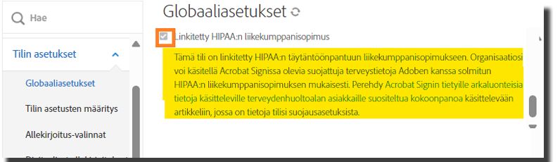 Yleisasetusten järjestelmänvalvoja-valikossa on korostettuna käytössä olevat ”Terveydenhuollon asiakas” -asetukset