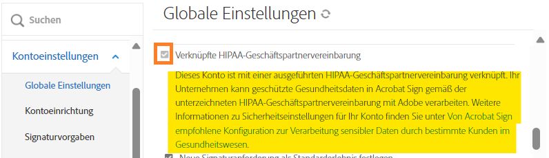 Admin-Menü „Globale Einstellungen“, in dem die aktivierten Einstellungen für „Kundinnen und Kunden im Gesundheitswesen“ hervorgehoben sind