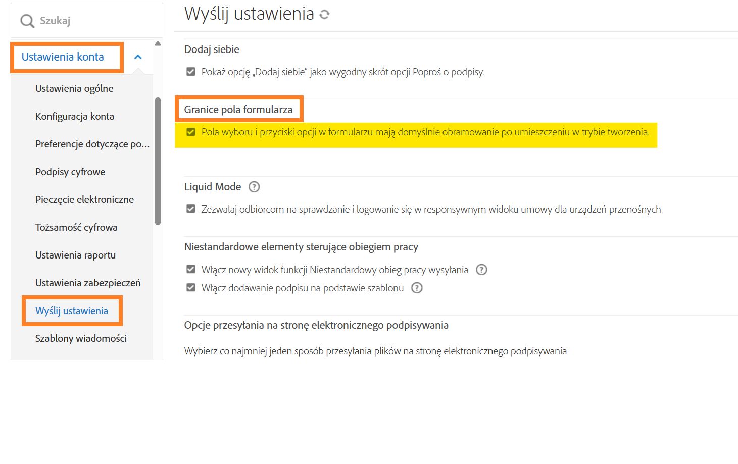 Menu Ustawienia wysyłania z wyróżnionymi elementami sterującymi Granice pola formularza.