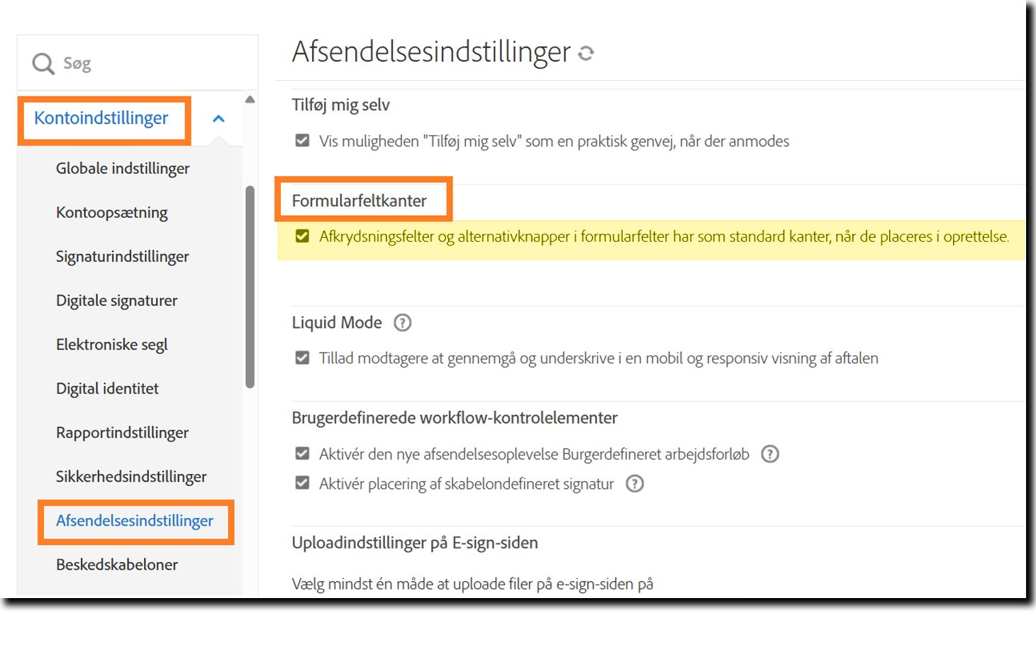 Menuen Afsendelsesindstillinger fremhæver kontrolelementerne for formularfeltkanter.