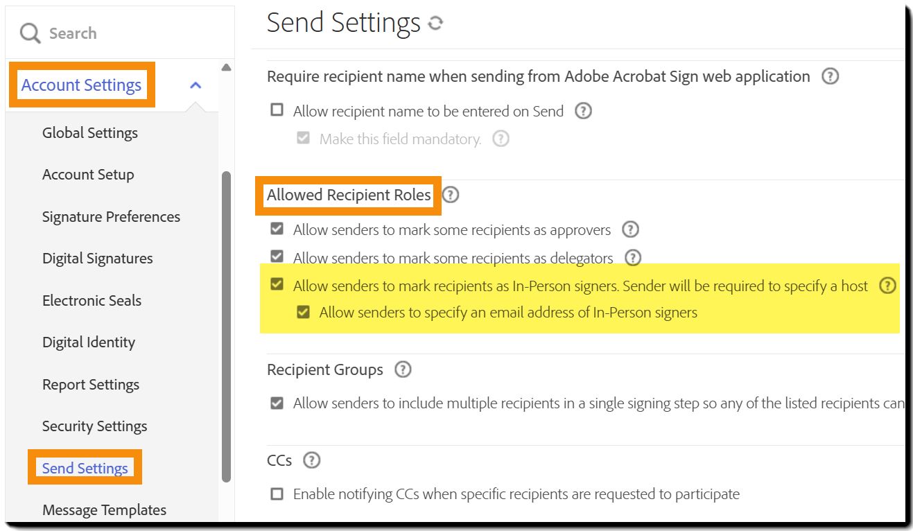 대면 서명자 컨트롤을 강조 표시하는 전송 설정 관리자 페이지입니다.