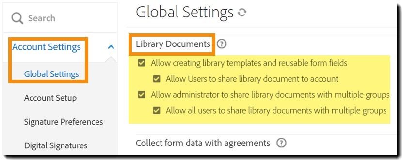 Het menu Algemene instellingen waarop de besturingselementen voor Bibliotheekdocumenten zijn gemarkeerd