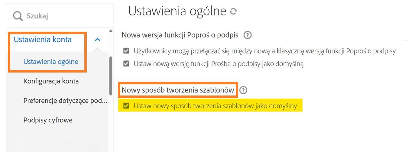 Menu ustawień ogólnych z wyróżnionymi elementami sterującymi Utwórz nowy szablon
