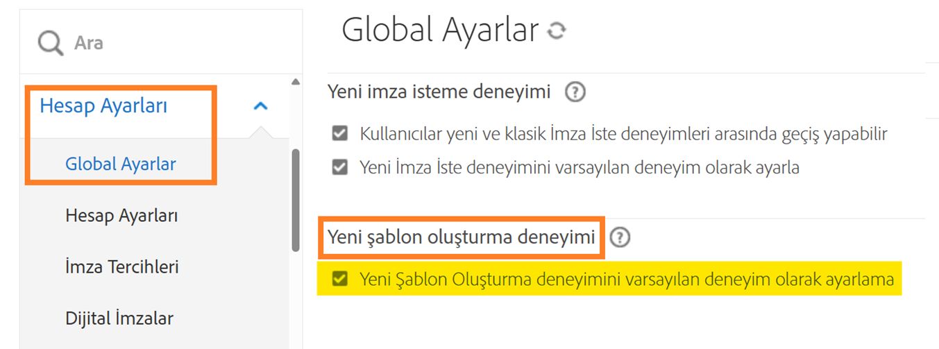 Yeni Şablon Oluştur kontrollerini vurgulayan Genel Ayarlar menüsü