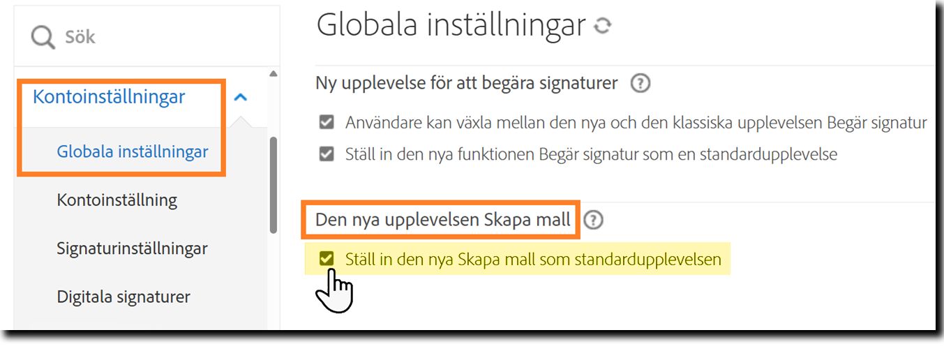 På menyn Globala inställningar med kontrollerna för Ny Skapa mall markerade