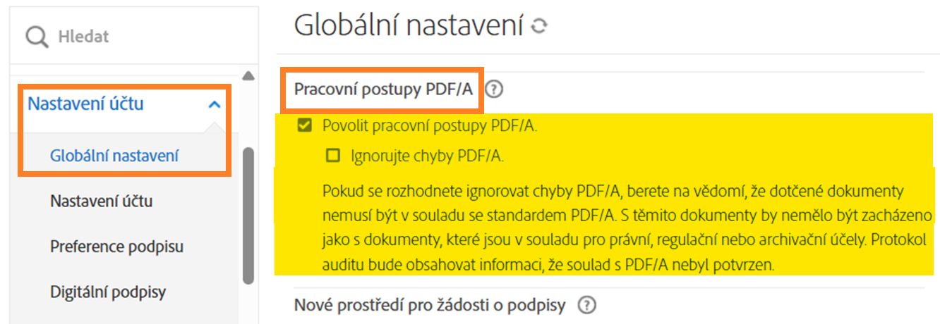 Stránka Globální nastavení zvýrazňující ovládací prvky pracovních postupů PDF/A.