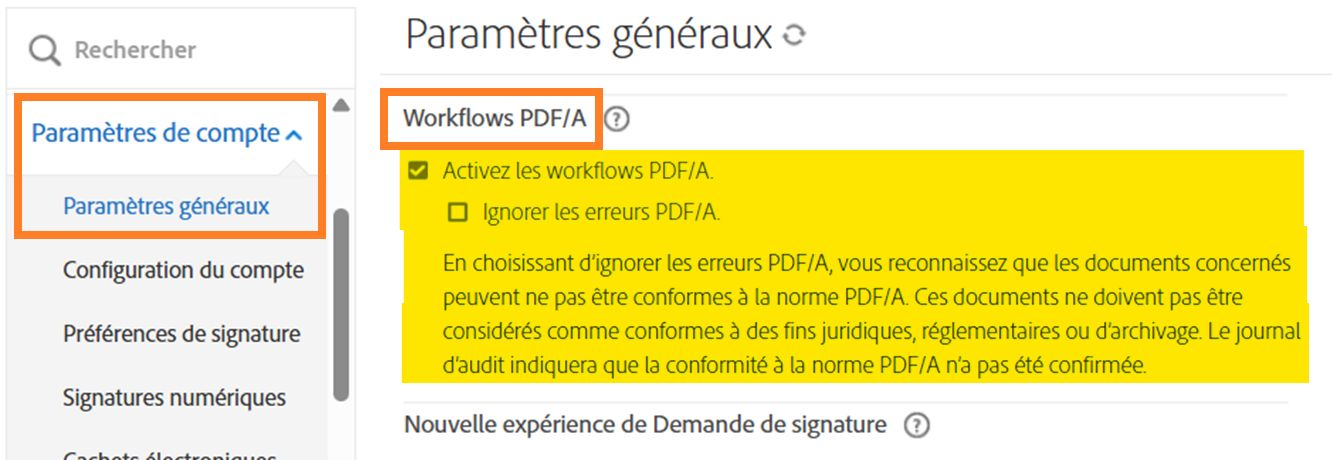 Page Paramètres généraux avec les commandes des workflows PDF/A mises en évidence.