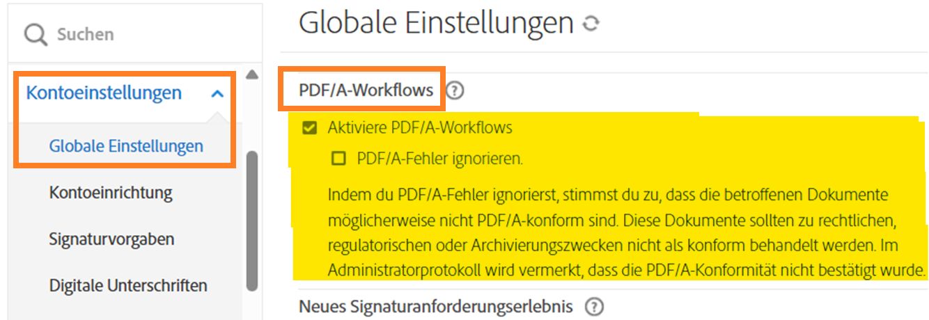 Einstellungsseite „Globale Einstellungen“ mit hervorgehobenen Steuerelementen für PDF/A-Workflows.