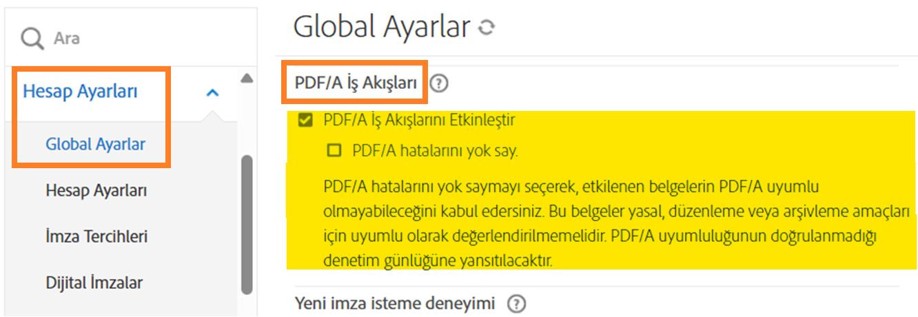 PDF/A İş Akışları kontrollerini vurgulayan Global Ayarlar sayfası.