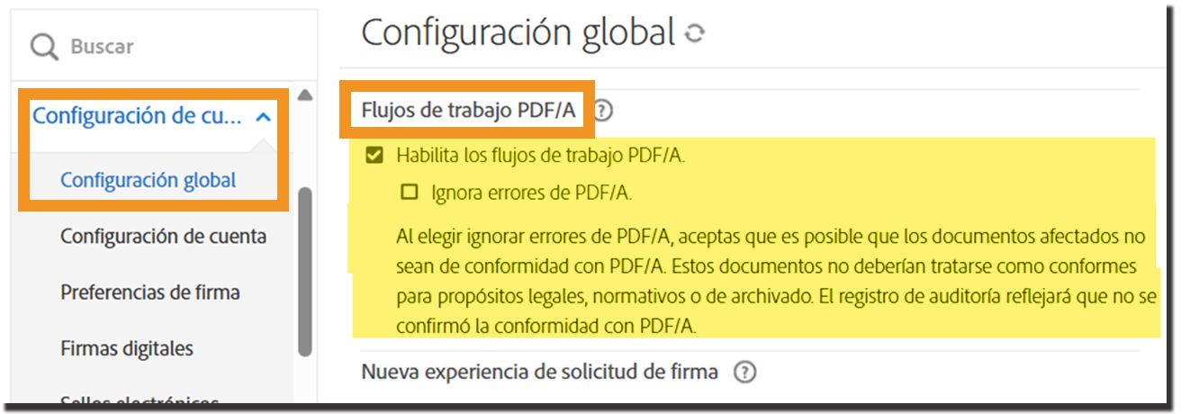 La página Configuración global que destaca los controles de Flujos de trabajo PDF/A.