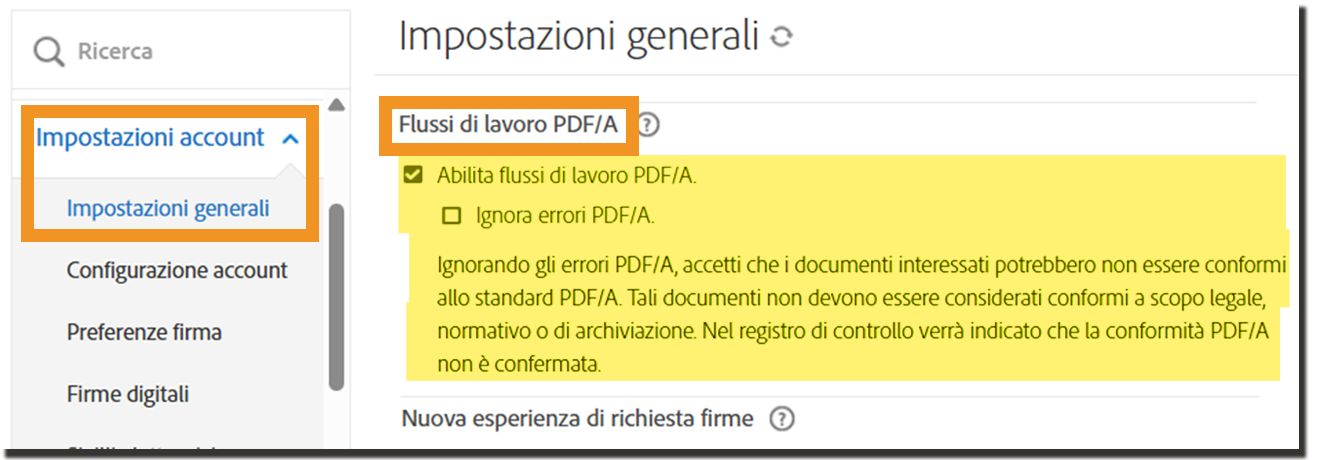 Pagina Impostazioni globali che evidenzia i controlli per i flussi di lavoro dei PDF/A.