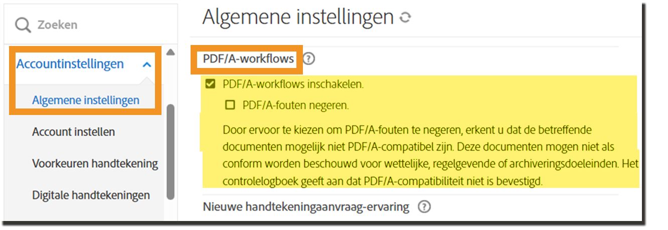 De beheerpagina voor algemene instellingen met de besturingselementen voor PDF/A-workflows gemarkeerd.