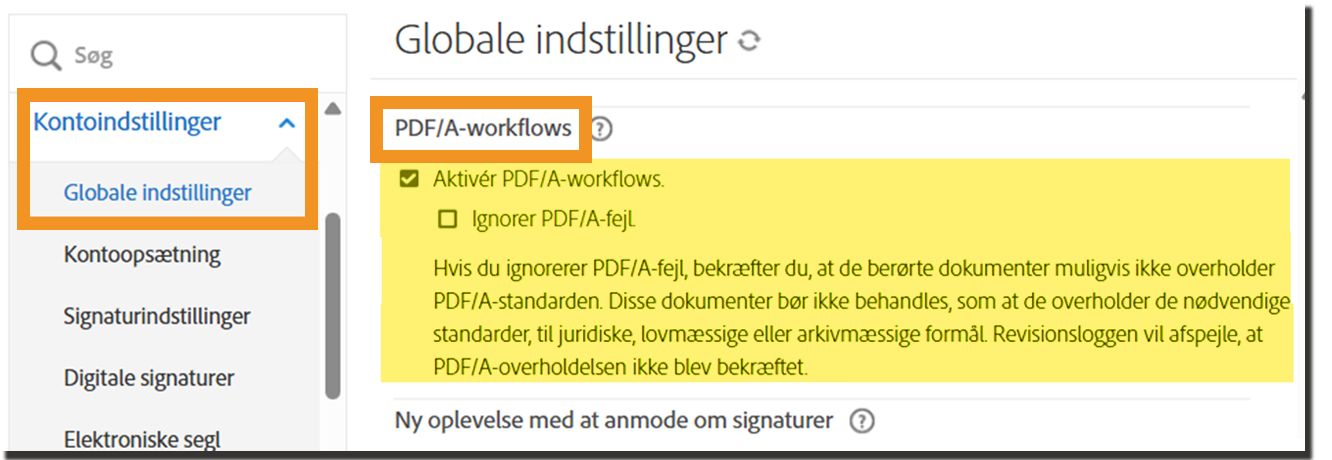 Adminsiden Globale indstillinger fremhæver kontrolelementerne til PDF/A/-arbejdsforløb.