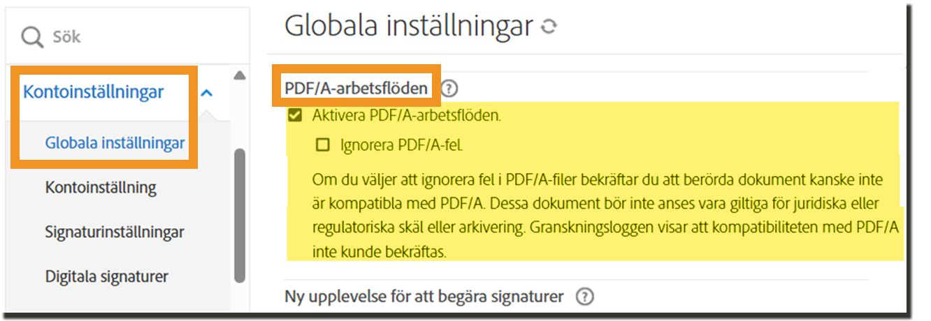Sidan Globala inställningar som visar kontrollerna för PDF/A-arbetsflöden.